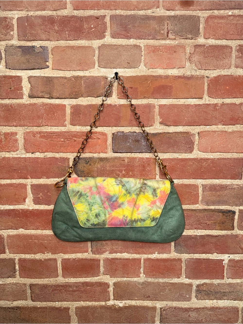 Women’s Bellini Green Leather Shoulder Bag Floral Accent Suede Texture Purse